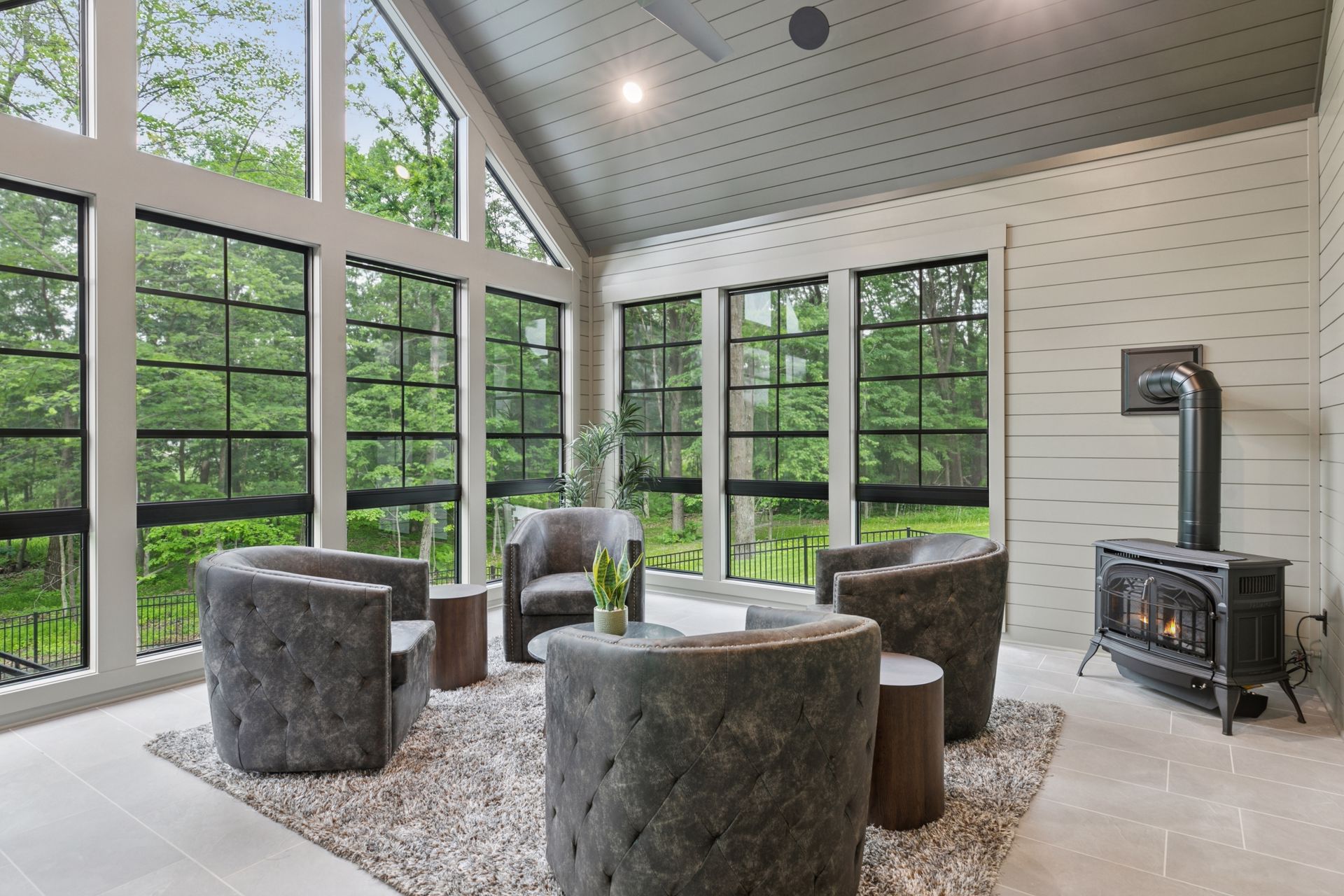 Three-season porch with its cozy fireplace